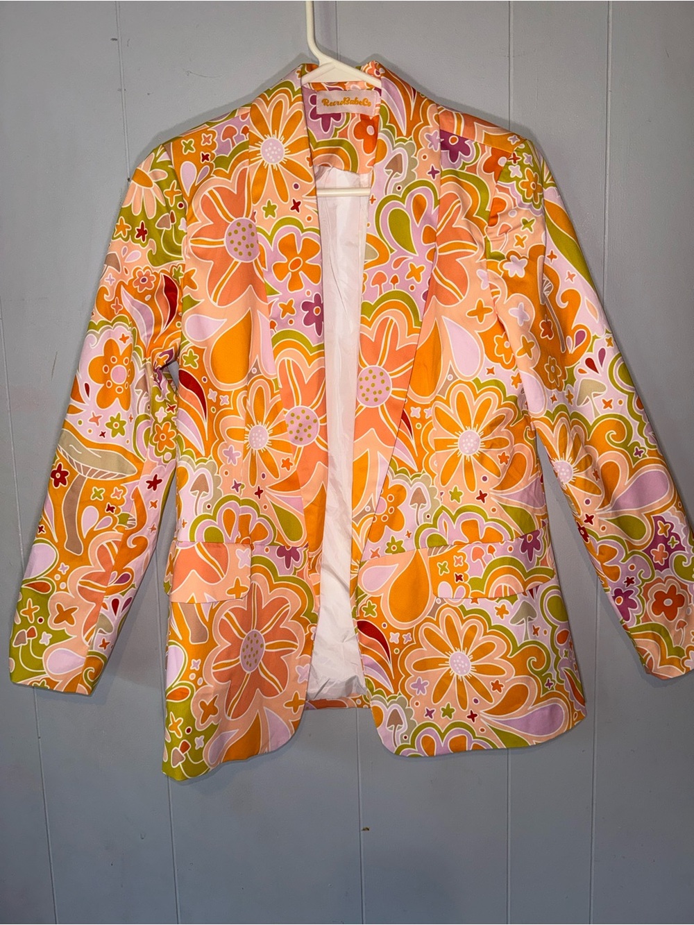 Retro Floral Blazer Jacket - Orange Pink Green - Unbranded